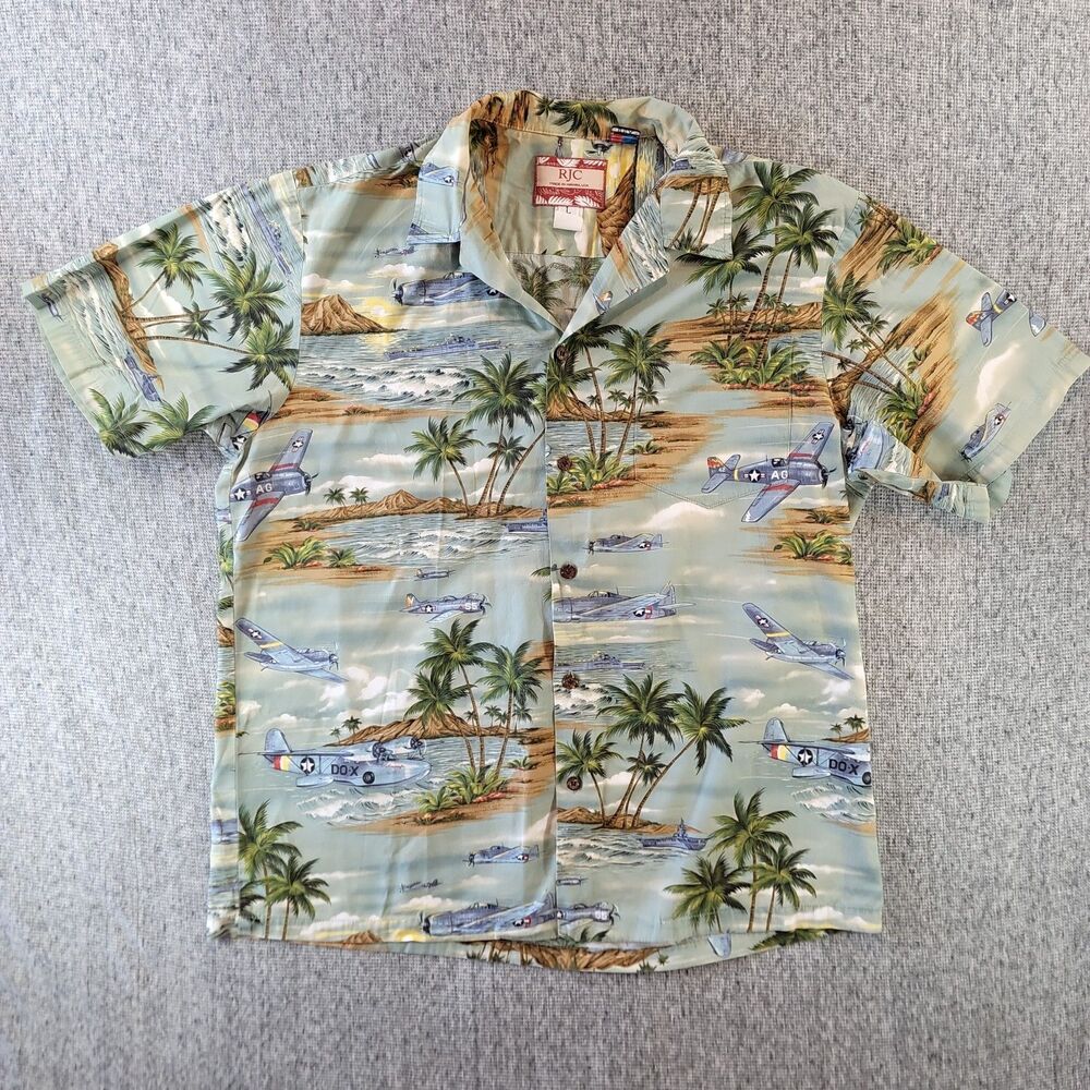 Vintage RJC Hawaiian Shirt Mens Large War Planes Airplanes Print Made in Hawaii